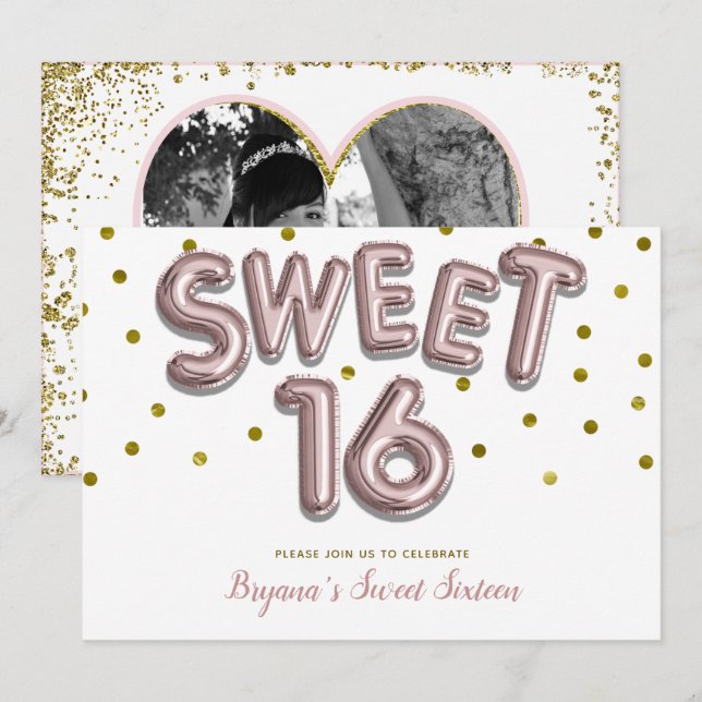 Invitation Sweet 16 Balloon Rose Gold Anniversaire Fête PHOTO (Devant / Derrière)