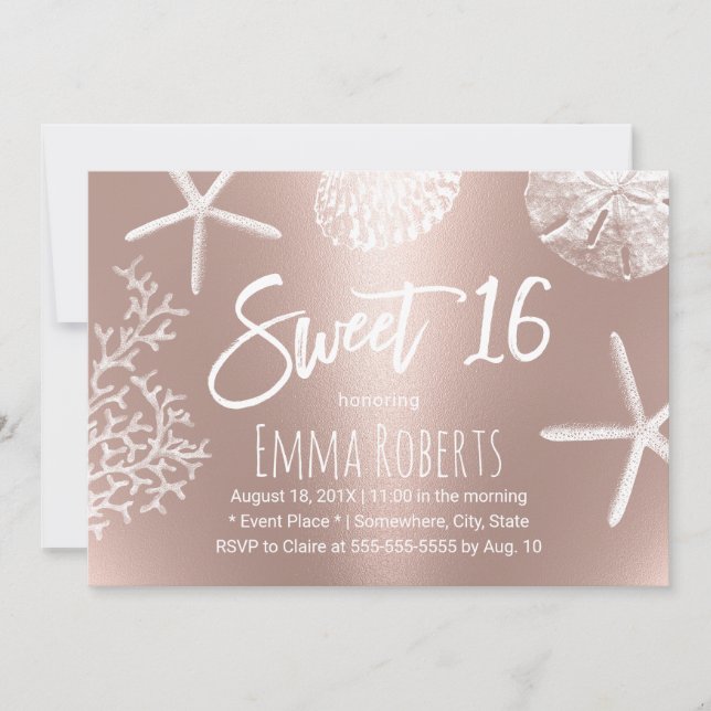 Invitation Sweet 16 Beach Starfish Coral Seashells Rose Gold (Devant)