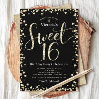 Sweet 16 Black Gold Glitter Script Anniversaire Ch