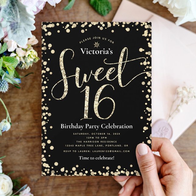 Invitation Sweet 16 Black Gold Parties scintillant Chic Girly (Créateur téléchargé)