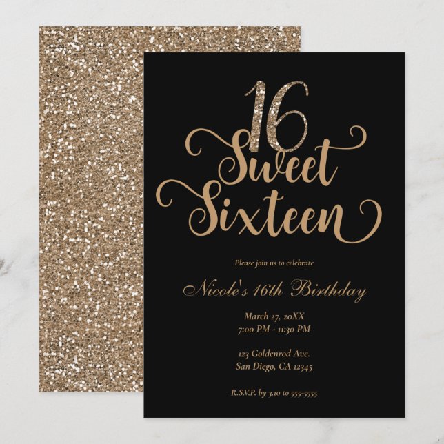 Invitation Sweet 16 Black & Gold Parties scintillant fête d'a (Devant / Derrière)