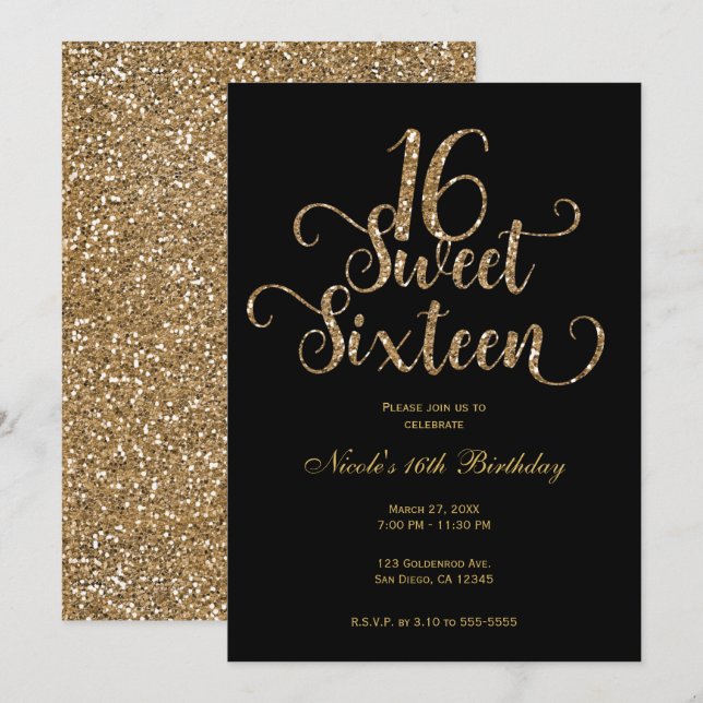 Invitation Sweet 16 Black & Gold Parties scintillant fête d'a (Devant / Derrière)