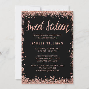 Invitation Sweet 16 Black Rose Gold Faux Parties scintillant 