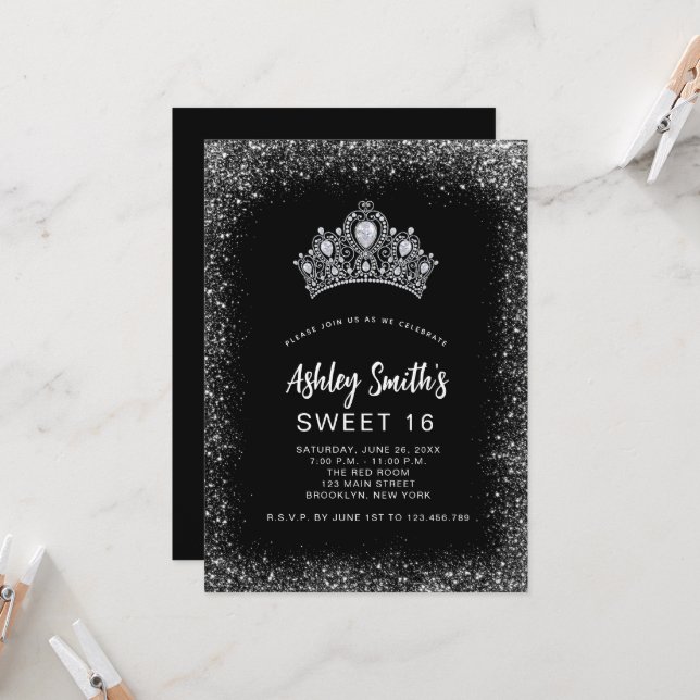 Invitation Sweet 16 Black Silver Parties scintillant Diamond  (Devant/Arrière en situation)