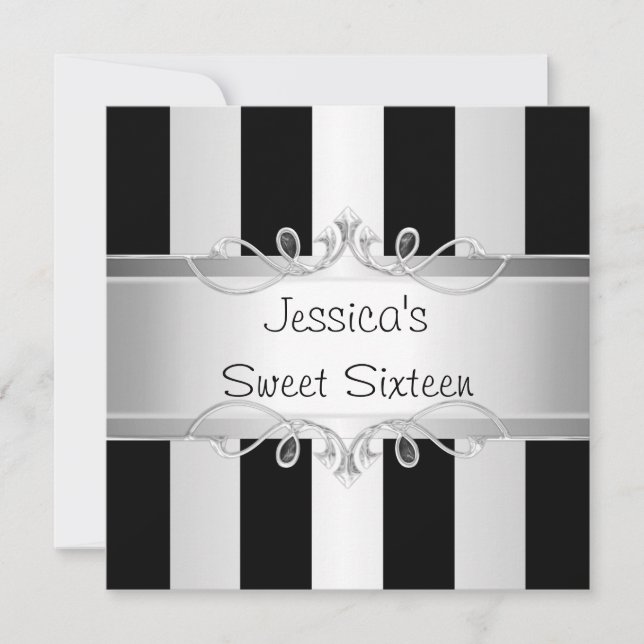 Invitation Sweet 16 Black & Silver Stripe Jewel Party (Devant)