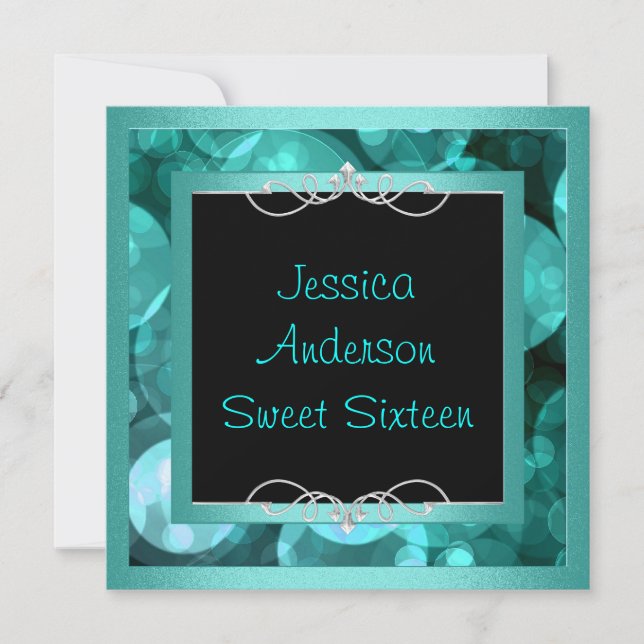Invitation Sweet 16 Black Turquoise Bubbles Metal Frame Party (Devant)