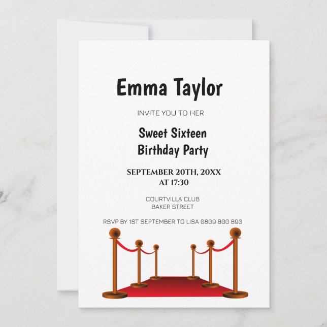 Invitation Sweet 16 blanc tapis rouge Hollywood Anniversaire (Devant)
