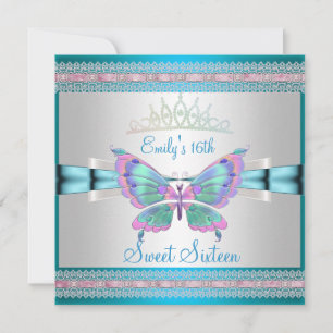 Invitation Sweet 16 Blanc Turquoise Bleu Papillon rose