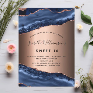 Invitation Sweet 16 bleu agate marbre rose or