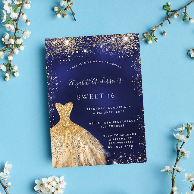 Invitation Sweet 16 bleu marine robe or glamour (Créateur téléchargé)