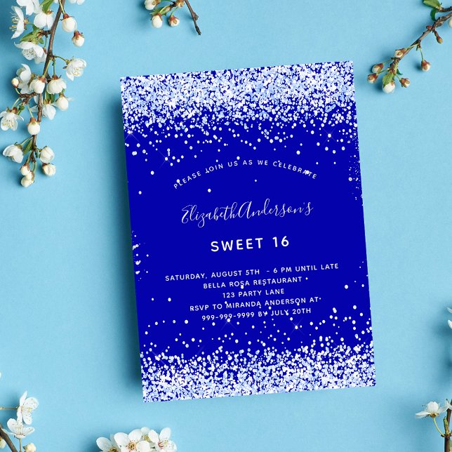 Invitation Sweet 16 bleu royal blanc glamour (Créateur téléchargé)