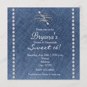 Invitation Sweet 16 Bling Emblème Diamants Denim
