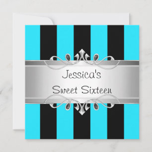 Invitation Sweet 16 Blue Black Stripes Silver Jewel Party