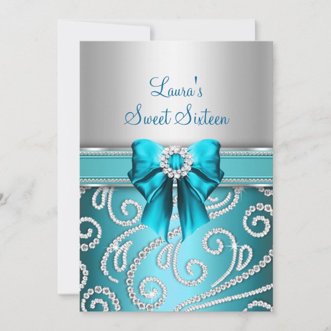 Invitation Sweet 16 Blue Bow & Sparkle Diamond Annonces (Devant)