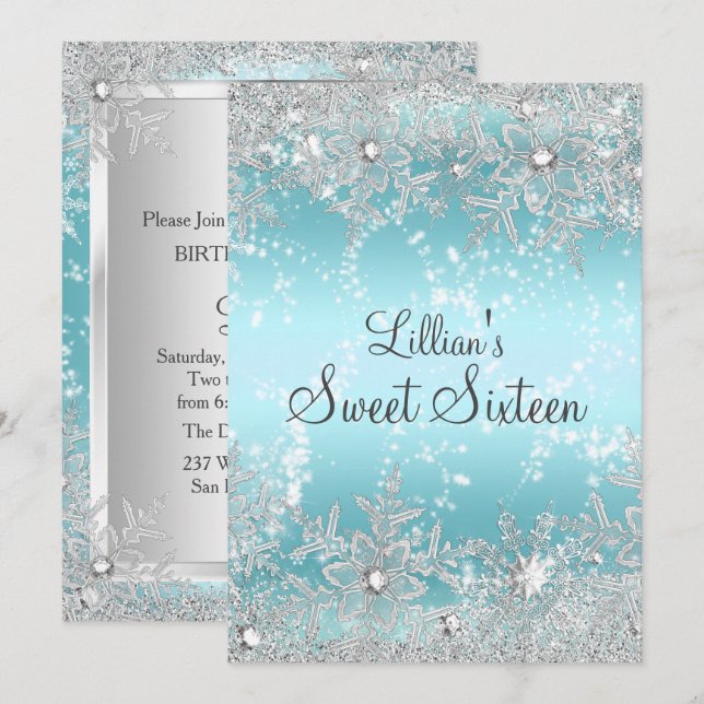Invitation Sweet 16 Blue Diamond Snowflake Winter Wonderland (Devant / Derrière)