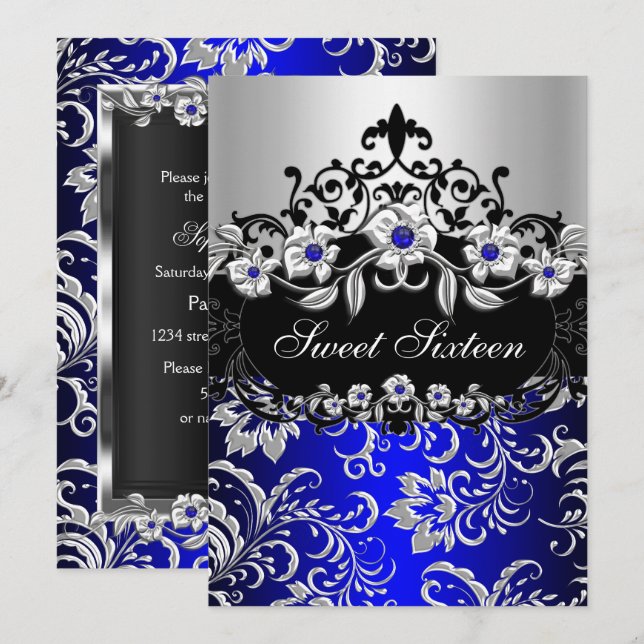 Invitation Sweet 16 Blue Silver Black Floral Jewel Party (Devant / Derrière)