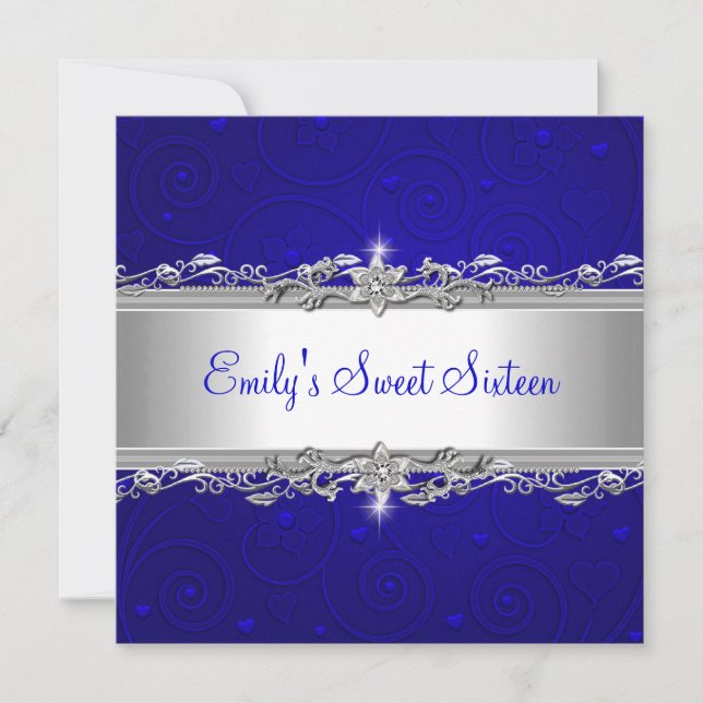 Invitation Sweet 16 Blue Silver Floral Amour fête d'anniversa (Devant)