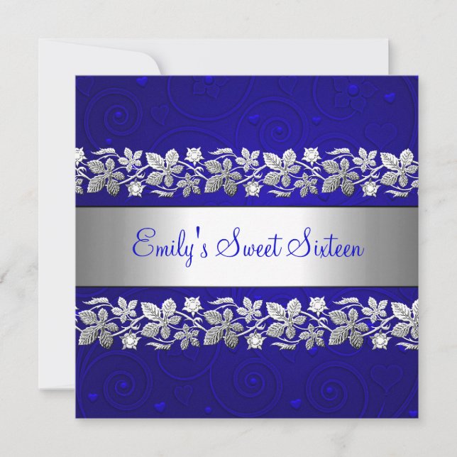 Invitation Sweet 16 Blue Silver Floral Amour fête d'anniversa (Devant)