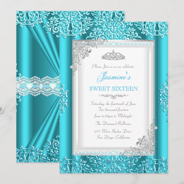 Invitation Sweet 16 Blue Turquoise dentelle argentée Damask T (Devant / Derrière)