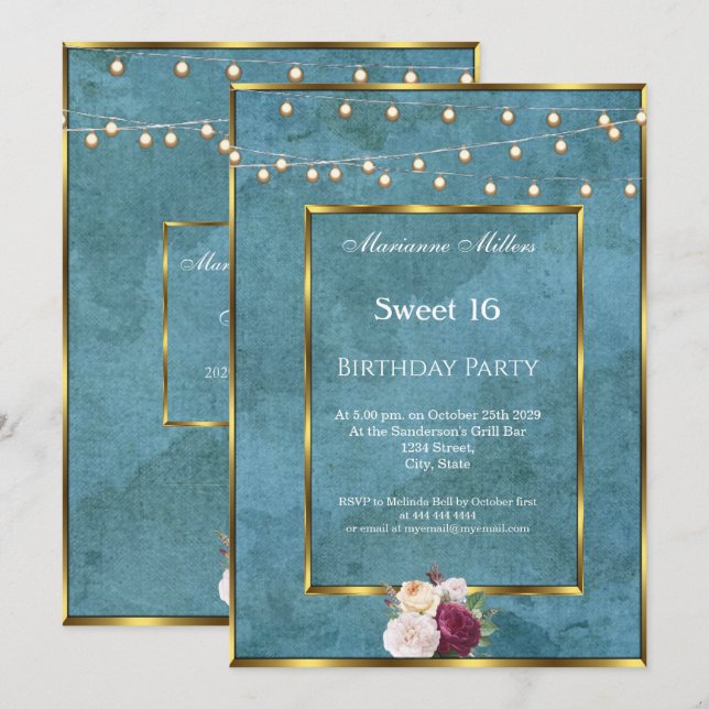 Invitation Sweet 16 Blue Turquoise Gold Fairy Lights Roses (Devant / Derrière)