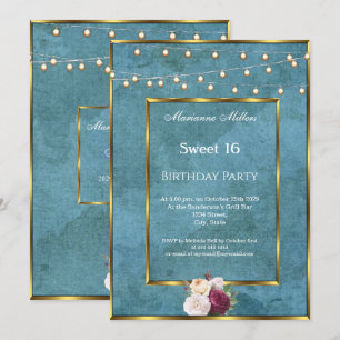 Invitation Sweet 16 Blue Turquoise Gold Fairy Lights Roses