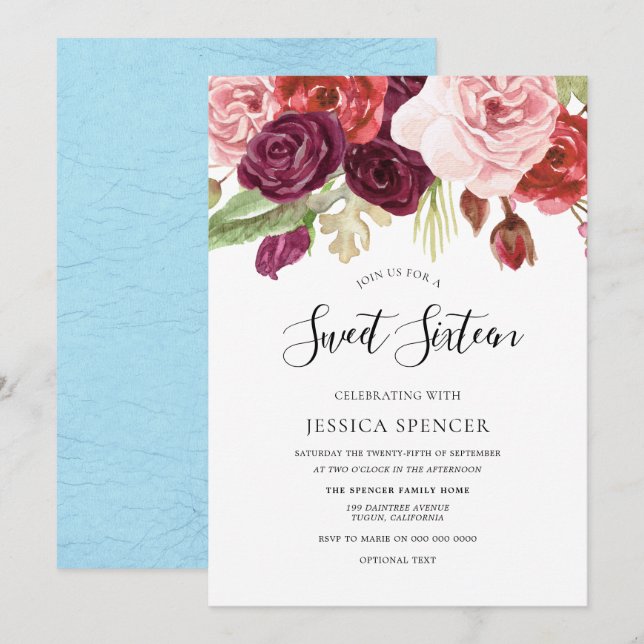 Invitation Sweet 16 Blush et Bourgogne Bleu Ciel (Devant / Derrière)