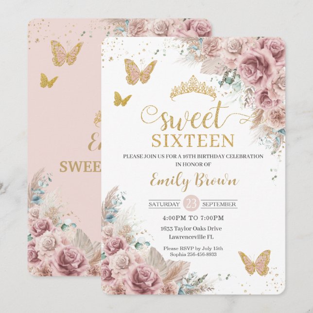 Invitation Sweet 16 Boho Blush Dusty Rose Floral Pampas Grass (Devant / Derrière)