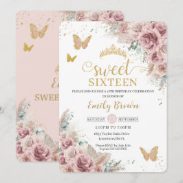 Invitation Sweet 16 Boho Blush Dusty Rose Floral Pampas Grass