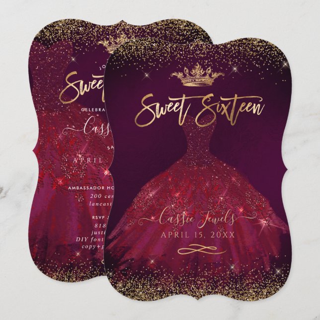 Invitation Sweet 16 Bourgogne Gold Confetti+Princess Crown (Devant / Derrière)