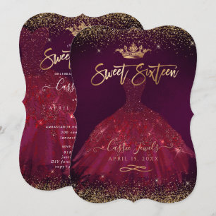 Invitation Sweet 16 Bourgogne Gold Confetti+Princess Crown
