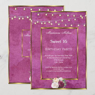 Invitation Sweet 16 Bourgogne Gold Fairy Lights Rose