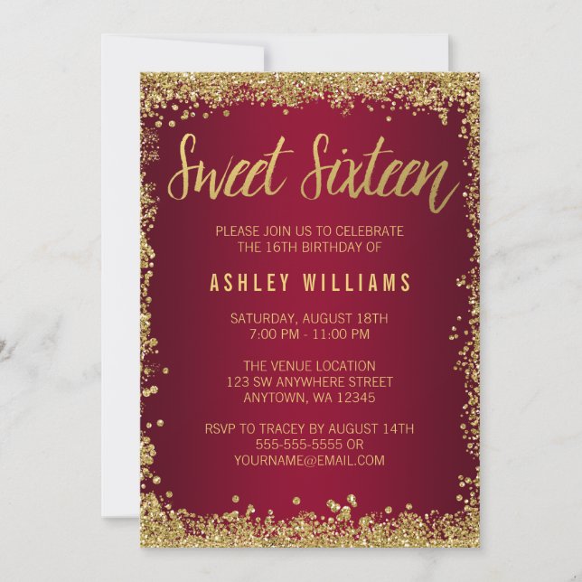 Invitation Sweet 16 Bourgogne Parties scintillant or Annivers (Devant)
