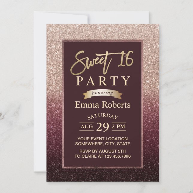 Invitation Sweet 16 Bourgogne & Rose Gold Ombre Anniversaire (Devant)