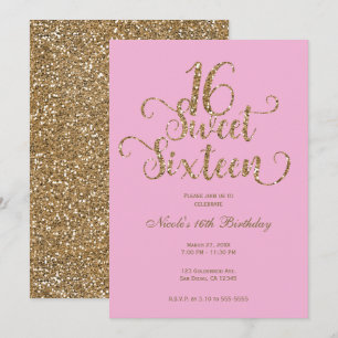 Invitation Sweet 16 Bubblegum Parties scintillant rose et or 