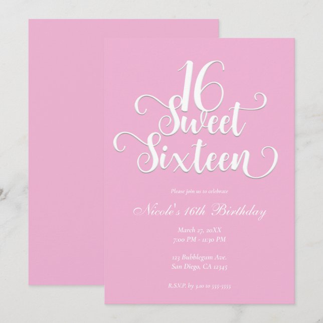 Invitation Sweet 16 Bubblegum rose & blanc fête d'anniversair (Devant / Derrière)