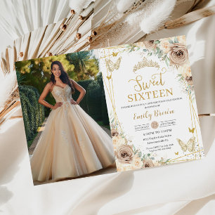 Invitation Sweet 16 Champagne Brown Papillons Floraux Photo