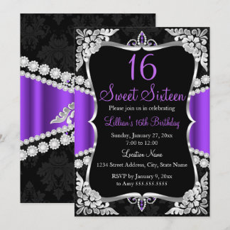 Invitation Sweet 16 Couronne Argent Violet Noir