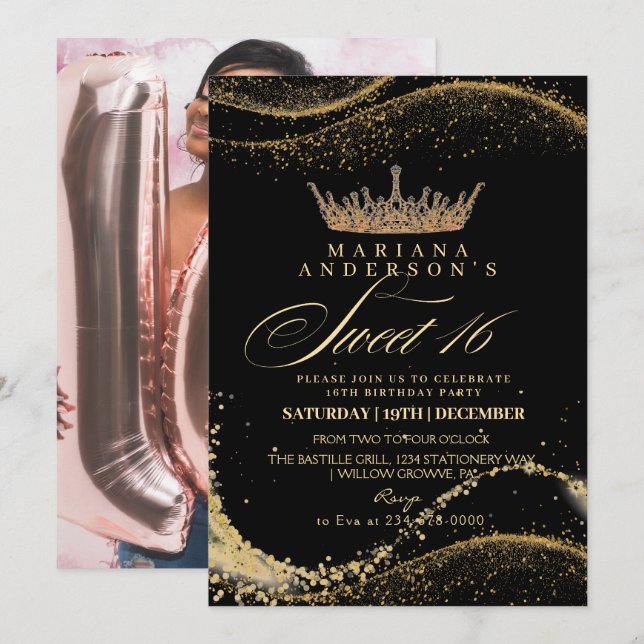 Invitation Sweet 16 Couronne noire et or fête d'anniversaire (Devant / Derrière)