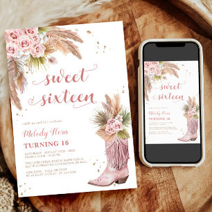 Invitation Sweet 16 Cowgirl Boot Pampas Grass Roses Anniversa