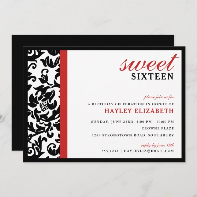 Invitation Sweet 16 Damas moderne avec bordure, Rouge (Devant / Derrière)