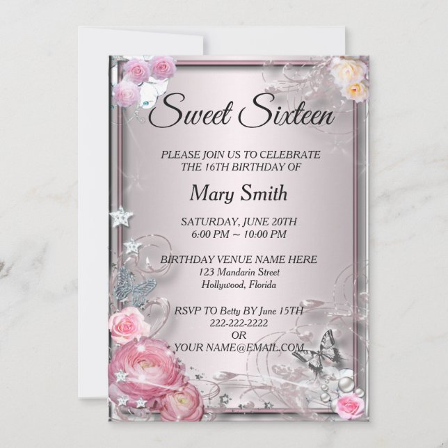 Invitation Sweet 16 Elégant rose Roses papillon Anniversaire (Devant)