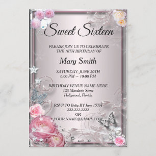 Invitation Sweet 16 Elégant rose Roses papillon Anniversaire