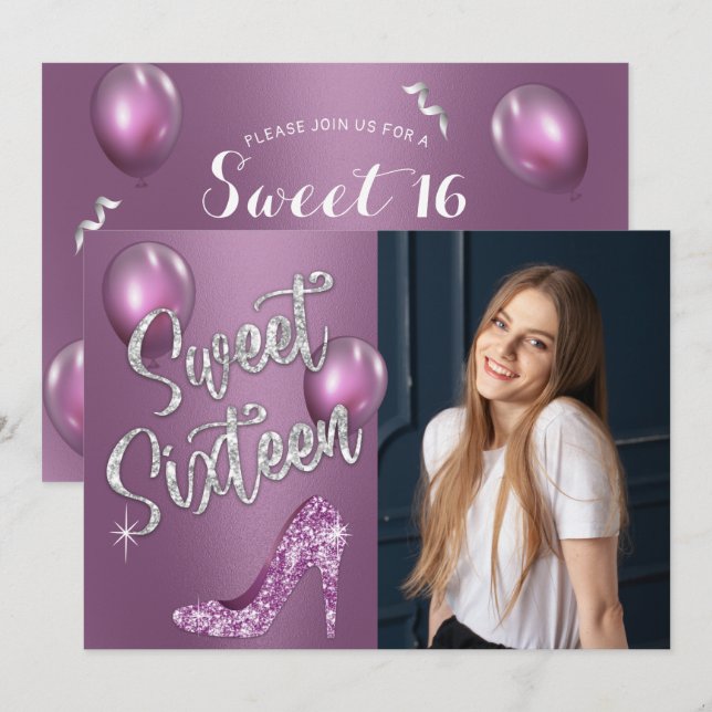 Invitation Sweet 16 Élégante fille photo violette 16e anniver (Devant / Derrière)