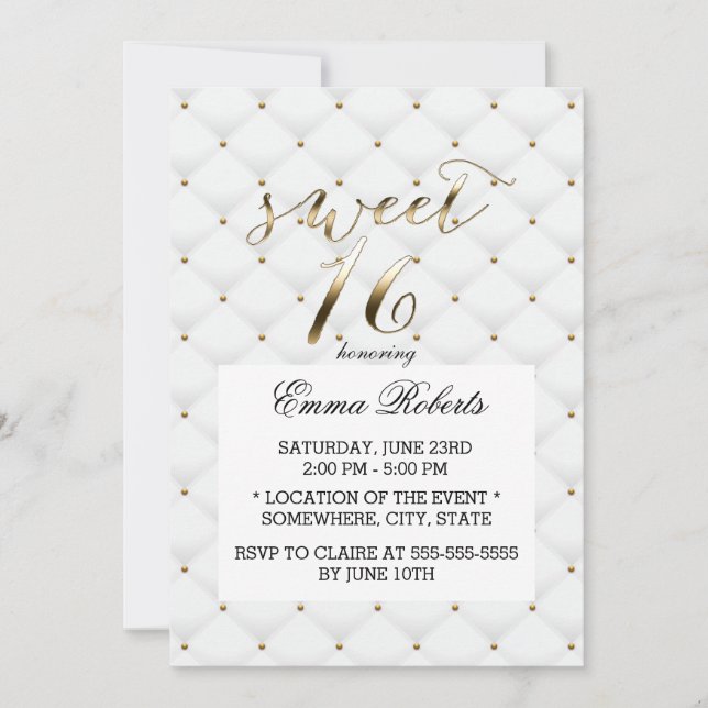 Invitation Sweet 16 élégantes couvertures or & blanc (Devant)