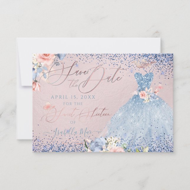 Invitation Sweet 16 Enregistrer la date Dusty Blue Gown Invit (Devant)