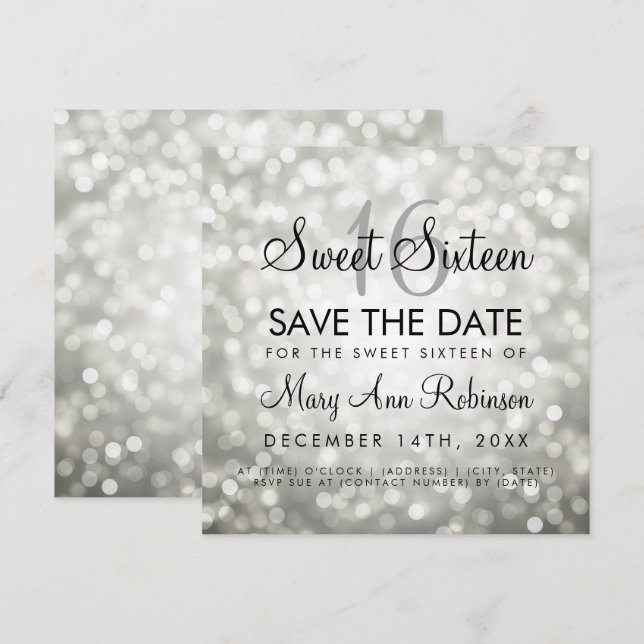 Invitation Sweet 16 Enregistrer La Date Lumière Parties scint (Devant / Derrière)