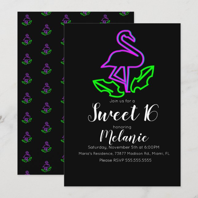 Invitation Sweet 16 Été Neon Tropical Flamant rose Fête Lumin (Devant / Derrière)