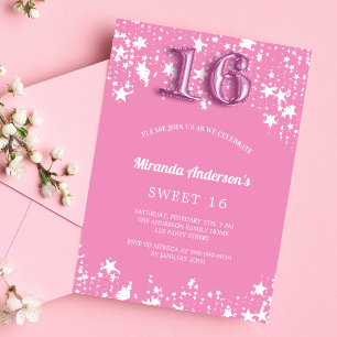 Invitation Sweet 16 étoiles blanches roses luxe