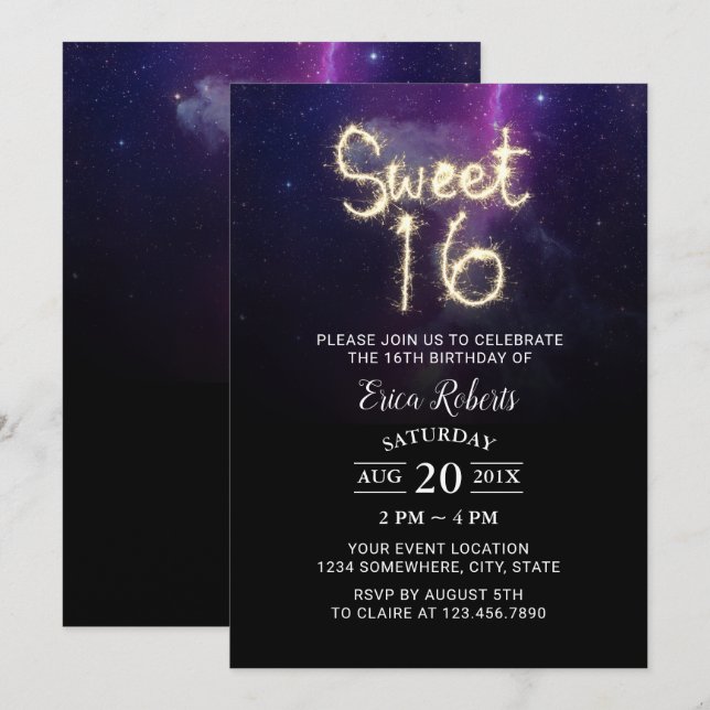 Invitation Sweet 16 Étoiles d'été Sparkler fête d'anniversair (Devant / Derrière)