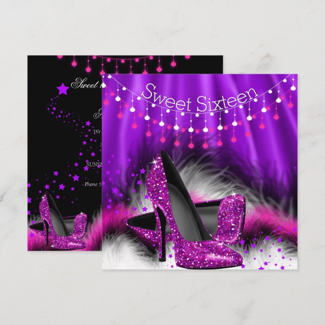 Invitation Sweet 16 Étoiles violet rose haute talons fête (Devant / Derrière)